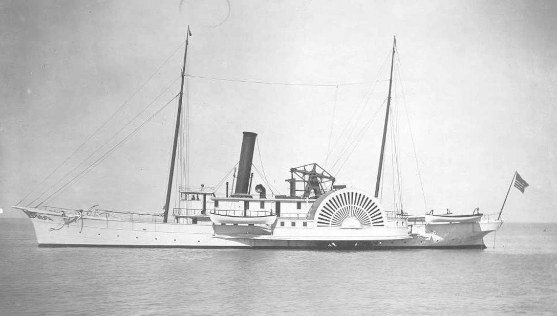 USRC Fessenden; "Former Revenue-Cutter FESSENDEN.  Side-wheel type of Cutter in use in the early days of the Coast Guard"; date/photographer unknown.
Retaining the powerplant machinery of the original Fessenden constructed in 1865, this cutter entered service in 1883.  She was a 192-foot, 330-ton iron-hulled side paddlewheel steamer that served on the Great Lakes.  Her cruising grounds were from "the mouth of the Detroit River through Lakes St. Clair and Huron to Straits of Mackinac."  Her area of responsibility increased to include Lake Superior and then through Lake Erie to the Niagara River.

She would go to "winter quarters," i.e. lay up, usually in late-November when the lakes and waterways became icebound, and then return to duty in early May.  While in service on the Great Lakes, she participated in numerous civic events, including Milwaukee's 1899 "Carnival Week," Chicago's 1900 "Naval Parade of G. A. R.," and Cleveland's 1901 celebration of Commodore Oliver Hazzard Perry's victory on Lake Erie over a British fleet in 1813. 

She sailed to Baltimore for repairs in 1903 and returned to service in 1905.  She was then stationed at Key West, FL.  Here she assisted vessels in distress, inspected sponge fishing vessels, conferred "with State officers. . .and assist them in protection of sponge industry" in 1905, was detained at Mullet Key Quarantine Station when smallpox broke out among some of the crew in 1906, towed a disinfecting barge from Key West to Boca Grande Quarantine Station in Charlotte Harbor, FL that same year, among other duties.  She was decommissioned in 1907 and sold to the Craig Shipbuilding Company of Toledo, OH, for $9,100 in 1908.