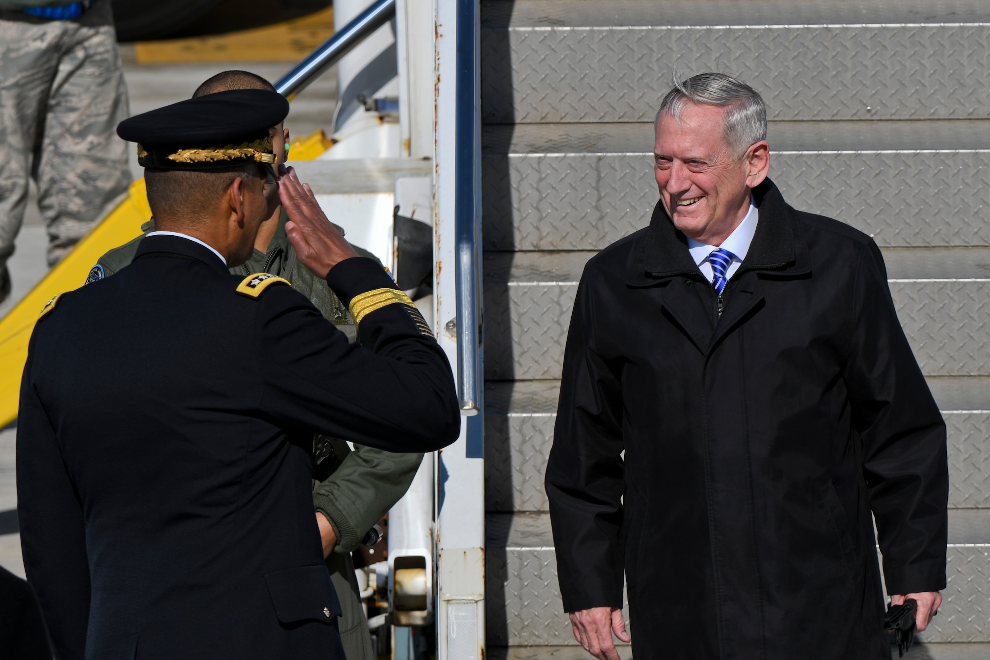 Defense Secretary Jim Mattis greets U.S. Army Gen. Vincent K. Brooks, United States Forces Korea commander, as he arrives at Osan Air Base, Republic of Korea, Feb. 2, 2017. The visit, which is Mattis’ first official visit to a foreign country as secretary of defense, highlighted the common traits and strengths shared by the U.S. and ROK governments, including the commitment to bi-lateral cooperation in keeping regional safety and stability in check. (U.S. Air Force photo by Staff Sgt. Victor J. Caputo)