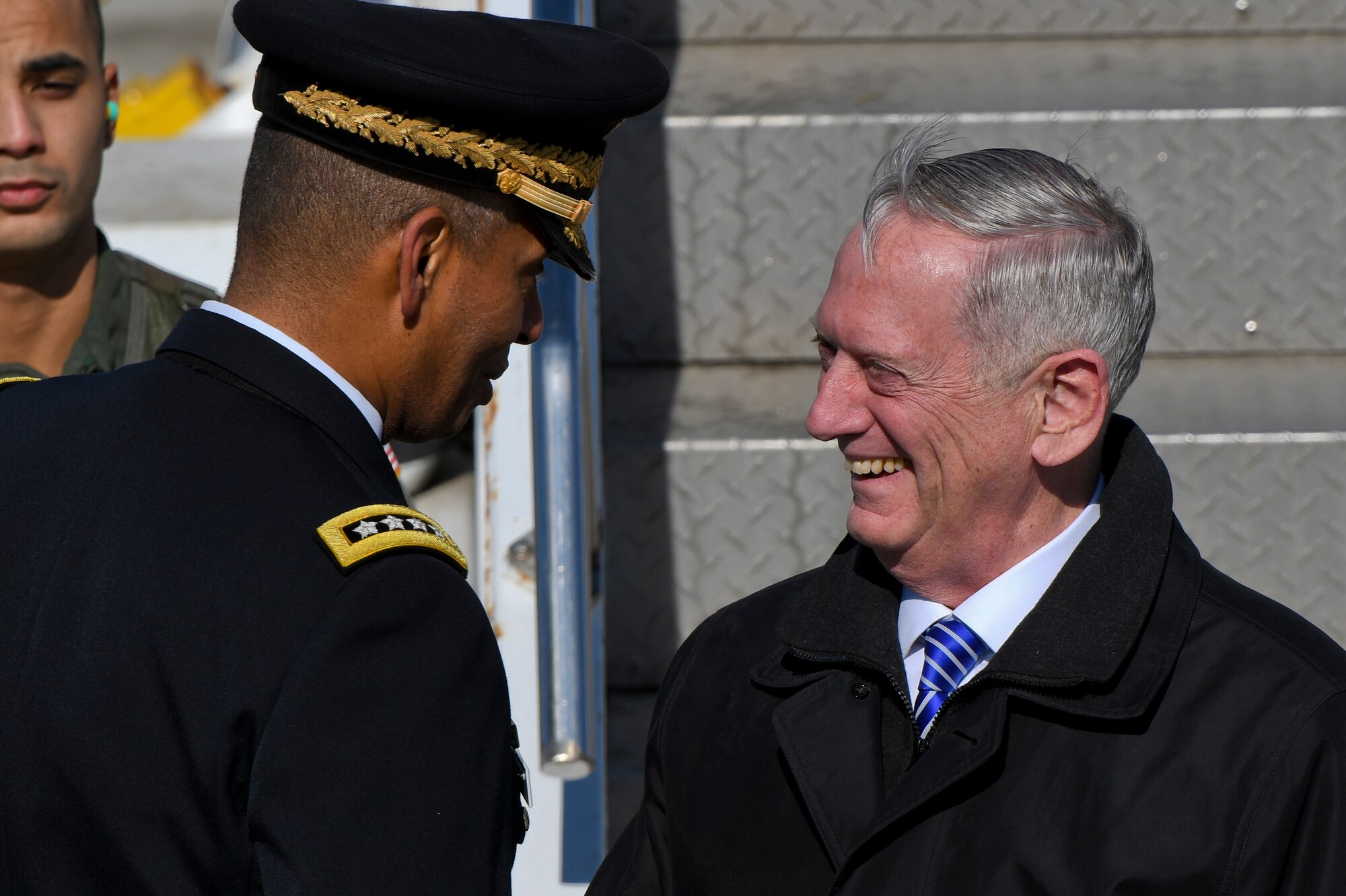 Defense Secretary Jim Mattis greets U.S. Army Gen. Vincent K. Brooks, United States Forces Korea commander, as he arrives at Osan Air Base, Republic of Korea, Feb. 2, 2017. The importance of the Asia-Pacific region was a vital message of Mattis’ visit, where he demonstrated the U.S.’s desire to find even deeper common ground with allies to further enhance collaboration and cooperation in the region. (U.S. Air Force photo by Staff Sgt. Victor J. Caputo)