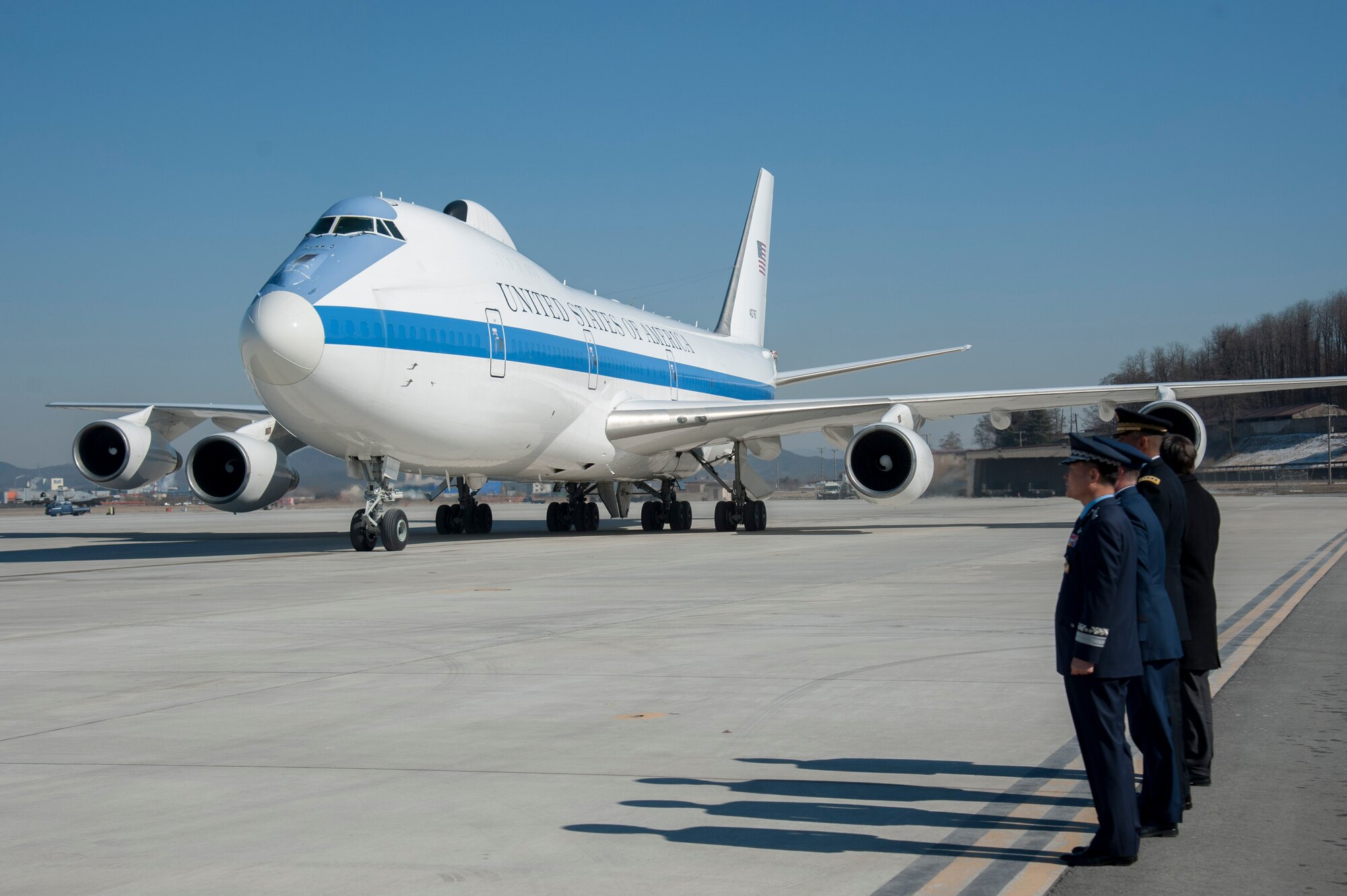 United States Forces Korea and Republic of Korea air force leaders wait for Defense Secretary Jim Mattis to deplane at Osan Air Base, Republic of Korea, Feb. 2, 2017. Mattis’ visit to the ROK, the first such visit in his tenure as secretary of defense, comes in light of a year of strong provocations from North Korea, affirming the ironclad commitment the U.S. has in strengthening its robust alliance with the ROK. (U.S. Air Force photo by Staff Sgt. Jonathan Steffen)