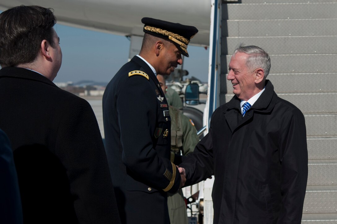 Defense Secretary Jim Mattis greets U.S. Army Gen. Vincent K. Brooks, United States Forces Korea commander, as he arrives at Osan Air Base, Republic of Korea, Feb. 2, 2017. The visit, which is Mattis’ first official visit to a foreign country as secretary of defense, highlighted the common traits and strengths shared by the U.S. and ROK governments, including the commitment to bi-lateral cooperation in keeping regional safety and stability in check. (U.S. Air Force photo by Staff Sgt. Jonathan Steffen