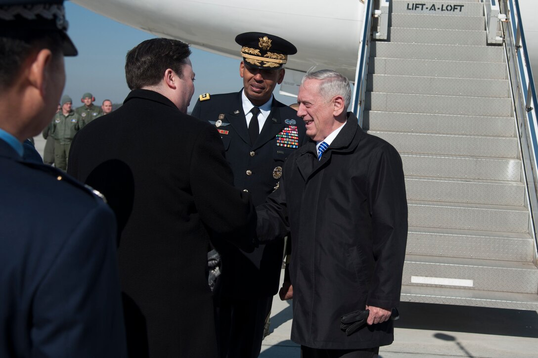 Defense Secretary Jim Mattis greets Marc Knapper, U.S. Embassy Seoul deputy chief of mission, as he arrives at Osan Air Base, Republic of Korea, Feb. 2, 2017. The visit, which is Mattis’ first official visit to a foreign country as secretary of defense, highlighted the common traits and strengths shared by the U.S. and ROK governments, including the commitment to bi-lateral cooperation in keeping regional safety and stability in check. (U.S. Air Force photo by Staff Sgt. Jonathan Steffen)