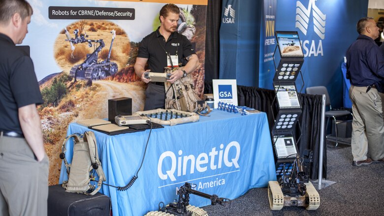 Members of the Defense industries show equipment to Marines from Camp Pendleton during the Marine West Expo, on Marine Corps Base Camp Pendleton, Calif., Feb 1, 2017. The 2017 Marine West Exposition is a forum for defense contractors to display and promote their latest equipment and technology.