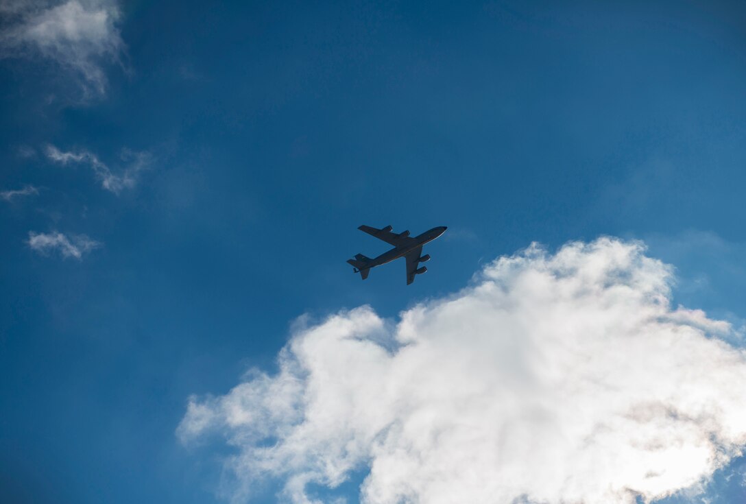 A KC-135 Stratotanker flies over Niagara Falls Air Reserve Station, marking its official arrival and the beinning of the transition of the 914th's mission from an Airlift Wing to an Air Refueling Wing. This is the first of eight aircraft that will be flown in over the course of the next several months. (U.S. Air Force photo by Tech. Sgt. Stephanie Sawyer)