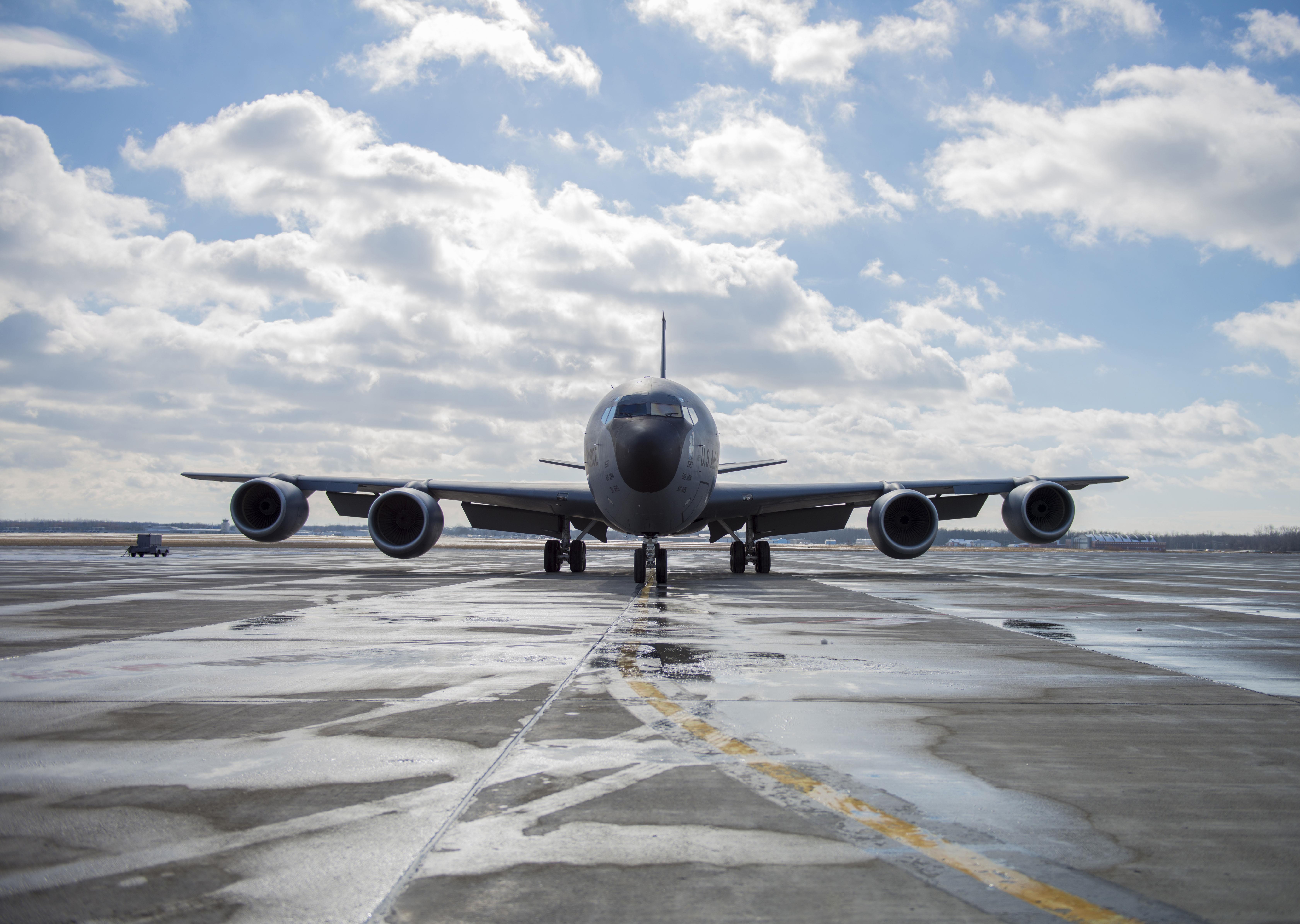 A KC-135 Stratotanker arrives at Niagara Falls Air Reserve Station, marking its official arrival and the beinning of the transition of the 914th's mission from an Airlift Wing to an Air Refueling Wing. This is the first of eight aircraft that will be flown in over the course of the next several months. (U.S. Air Force photo by Tech. Sgt. Stephanie Sawyer)