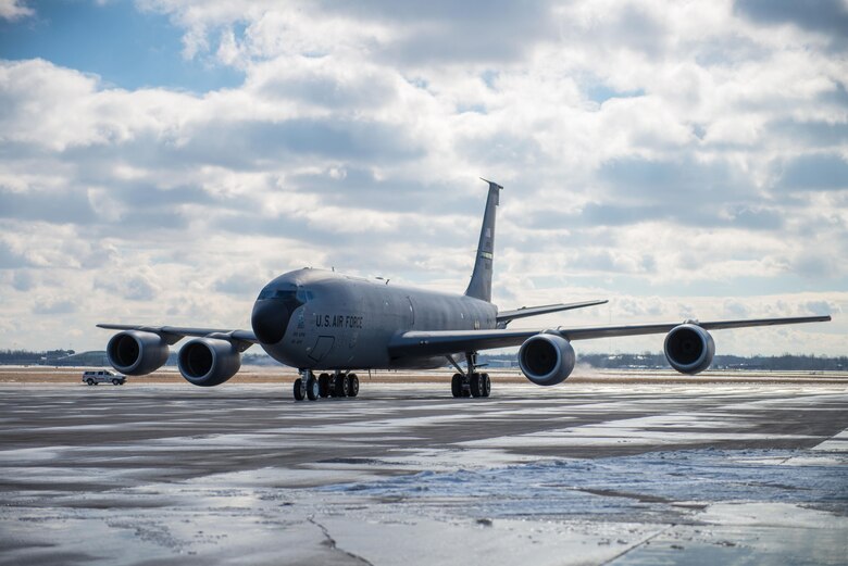 A KC-135 aircraft arrives at the Niagara Falls Air Reserve Station N.Y., Feb 1, 2017, marking the official arrival and the beginning of a transition of the 914th's mission from an Airlift Wing to an Air Refueling Wing. This is the first of eight aircraft that will be flown in over the course of the next several months. (U.S. Air Force photo by Tech. Sgt. Stephanie Sawyer)
