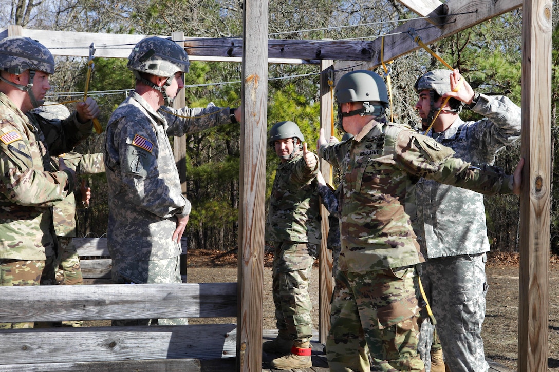 Army jumpmasters practice signaling each other in a mock C-17 Globemaster aircraft during Operation Anvil paratrooper refresher training at Fort Jackson, S.C., Jan. 26, 2017. Army photo by Spc. Christopher Martin