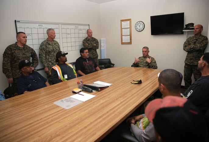In recognition of the work put in by the Facilities Management Department, Killea; Sgt. Maj. Julio Meza, Sgt. Maj., Marine Corps Installations – West, Marine Corps Base Camp Pendleton; Col. Gary Johnston, Chief of Staff, and Capt. William Whitmire, Assistant Chief of Staff, visited FMD to thank the workers personally Feb 1, for their hard work during recovery efforts from recent storms.