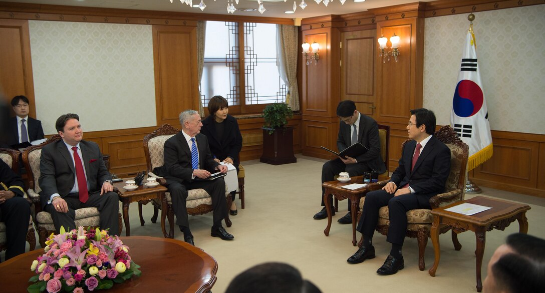 Defense Secretary Jim Mattis meets with South Korea’s acting president, Prime Minister Hwang Kyo-ahn, during a visit to Seoul, South Korea, Feb. 2, 2017. DoD photo by Army Sgt. Amber I. Smith