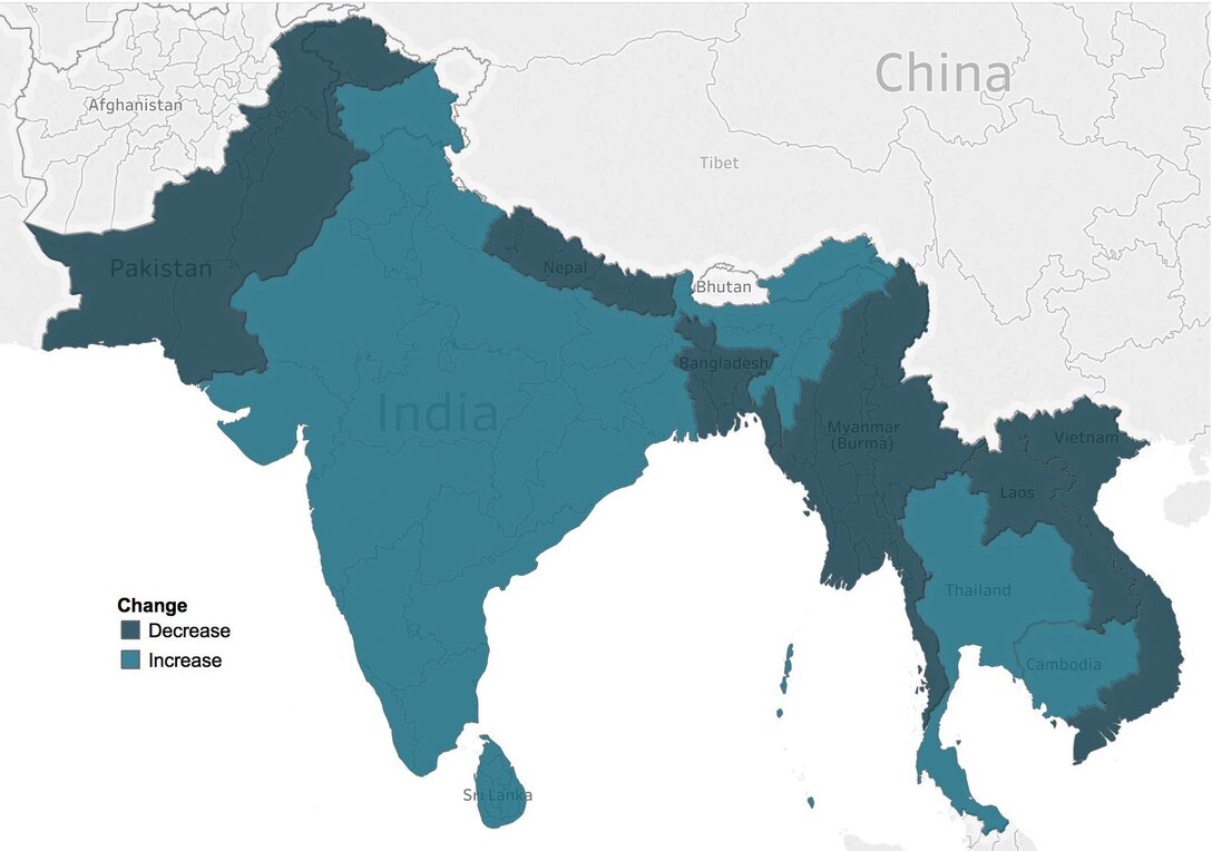 This figure shows the change in frequency of conflict across South and Southeast Asia from 2015-16.