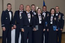 Moody’s newest chief master sergeant inductees pose for a photo with 23d Wing leadership during the Chief Induction Ceremony, Jan. 28, 2017, at Moody Air Force Base, Ga. The induction ceremony is a time-honored tradition that recognizes Airmen as they make the transition from senior master sergeant to chief master sergeant. (U.S. Air Force photo by Andrea Jenkins/Released)