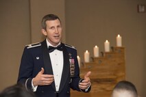 Col. Thomas Kunkel, 23d Wing commander, speaks to the audience during the Chief Induction Ceremony, Jan. 28, 2017, at Moody Air Force Base, Ga. The induction ceremony is a time-honored tradition that recognizes Airmen as they make the transition from senior master sergeant to chief master sergeant. (U.S. Air Force photo by Andrea Jenkins/Released)