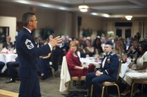 Chief Master Sgt. (ret.) Rick Parsons, former Air Combat Command command chief, speaks to the audience at the Chief Induction Ceremony, Jan. 28, 2017, at Moody Air Force Base, Ga. The induction ceremony is a time-honored tradition that recognizes Airmen as they make the transition from senior master sergeant to chief master sergeant. (U.S. Air Force photo by Andrea Jenkins/Released)