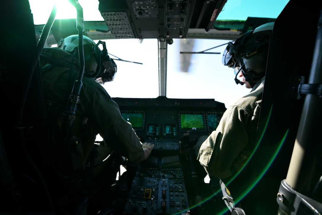 U.S. Marine Corps Capts. William Wiggins and Cody Barton, UH-1Y Venom pilots with the Marine Light Aircraft Helicopter Squadron 269 from Marine Corps Air Station New River, in Jacksonville, North Carolina, navigate to the location of a simulated downed aircrew during a tactical recovery of aircraft and personnel exercise, Jan. 31, 2017, in Kinston, North Carolina. Two of the squadron’s aircraft, combined with F-15E Strike Eagles from the 336th Fighter Squadron, responded to the downed aircrew call and provided air support for the crew to successfully egress from simulated enemy territory. (U.S. Air Force photo by Senior Airman Brittain Crolley)