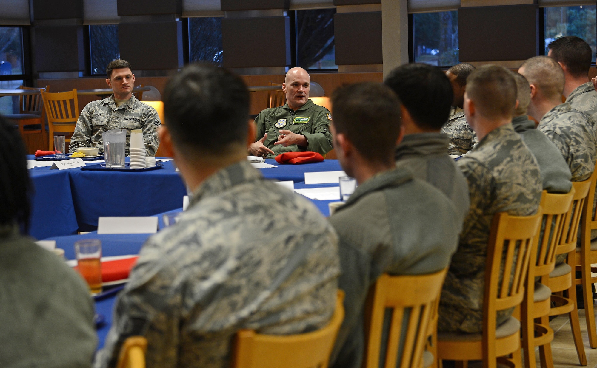 Gen. Carlton D. Everhart II, Air Mobility Command commander, speaks with Team McChord noncommissioned officers during his visit Feb. 1, 2017 at Joint Base Lewis McChord, Wash. Everhart met with Airmen to gain insight into the day to day operations and share with them mission priorities. (U.S. Air Force photo by Senior Airman Divine Cox)