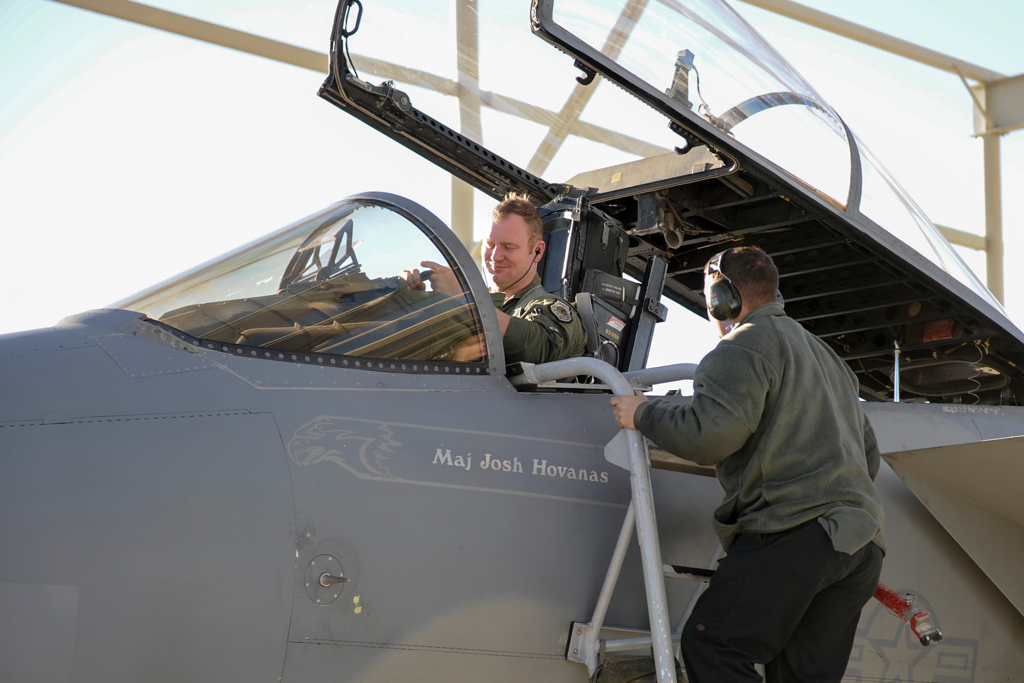 Maj. Cody Clark, 433rd Weapons Squadron F-15 pilot, is greeted by Airman 1st Class Thatcher Gore, 757th Aircraft Maintenance Squadron Eagle Maintenance Unit crew chief, after a sortie in which aircraft 83-3014 hit 10,000 flight hours at Nellis Air Force Base, Nev., Jan. 25, 2017. Although the Air Force’s F-15 fleet is more than 30 years old, only a handful of the C/D/E aircraft are believed to be in the 10,000 hour club. (U.S. Air Force photo by Staff Sgt. Siuta B. Ika)