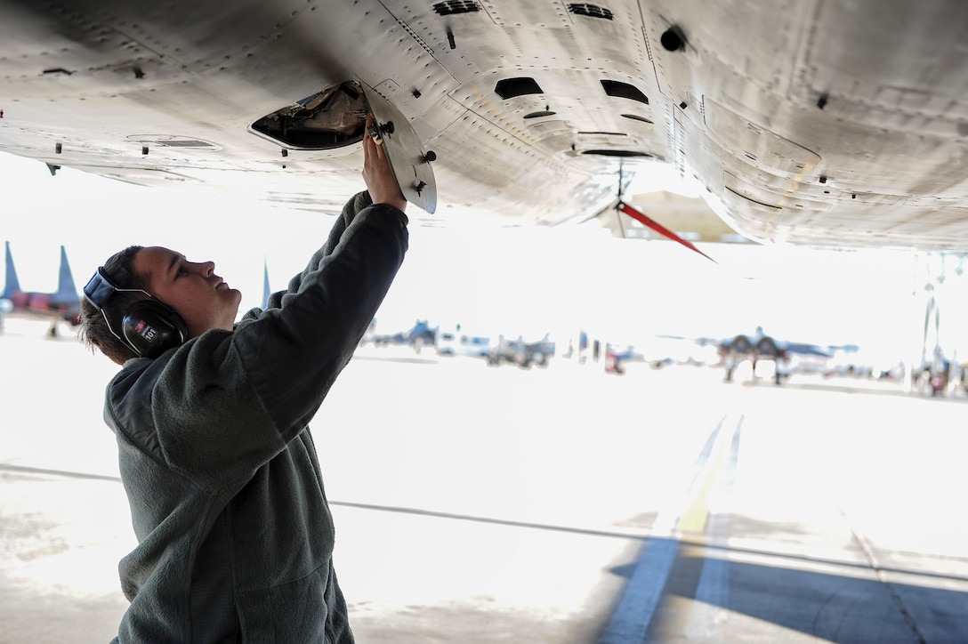 Airman 1st Class Thatcher Gore, 757th Aircraft Maintenance Squadron Eagle Maintenance Unit crew chief, performs a postflight check on an F-15 Eagle after the aircraft hit 10,000 flight hours during a sortie at Nellis Air Force Base, Nev., Jan. 25, 2017. To get the aircraft to 10,000 flight hours, more than 100,000 maintenance hours have been put in by maintenance professionals like Gore for the last 30 years. (U.S. Air Force photo by Staff Sgt. Siuta B. Ika)