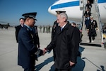 Defense Secretary Jim Mattis greets Republic of Korea Air Force (ROKAF) Lt. Gen. Won, In-Choul, ROKAF Operations Command commander, as he arrives at Osan Air Base, Feb. 2, 2017.  Mattis’ visit to the ROK, the first such visit in his tenure as secretary of defense, comes in light of a year of strong provocations from North Korea, affirming the ironclad commitment the U.S. has in strengthening its robust alliance with the ROK.