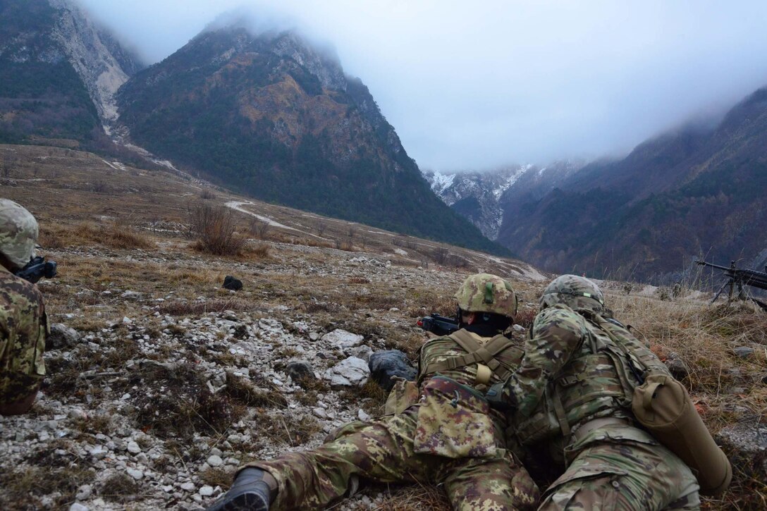 U.S. Army paratroopers conduct a live-fire exercise with members of the Italian army's 8th Regiment Alpine at Rivoli Bianchi range in Venzone Italy, Feb. 2, 2017. The 173rd Airborne Brigade is the U.S. Army Contingency Response Force in Europe, capable of projecting ready forces anywhere in the U.S., European, Africa or Central Commands' areas of responsibility within 18 hours. The Army paratroopers are assigned to C Company, 1-503rd Infantry Battalion, 173rd Airborne Brigade. Army photo by Graigg Faggionato