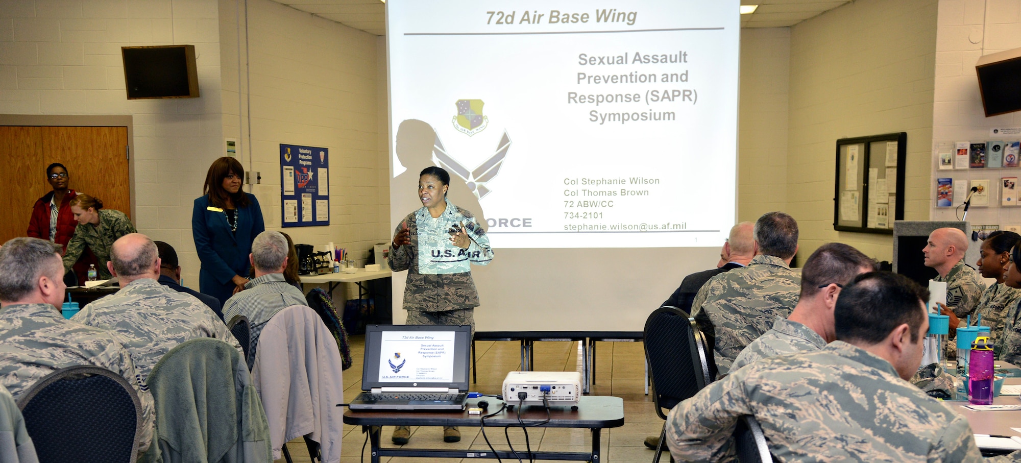 72nd Air Base Wing Commander Col. Stephanie Wilson makes opening remarks during the SAPR Symposium Jan. 12 at the Tinker Chapel Fellowship Hall. The symposium was held for commanders, chiefs, first shirts and other base leadership to update them on policies and procedures in regards to Sexual Assault Prevention and Response. (Air Force photo by Kelly White)