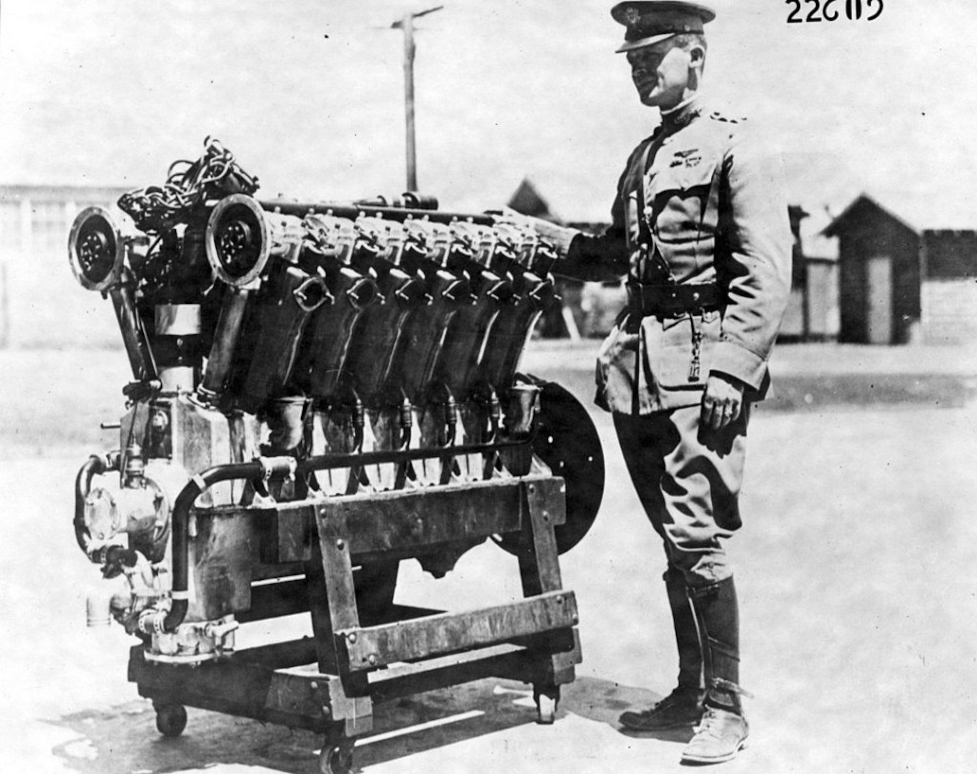 Major Arnold with the first completed Liberty V12 engine. (Air Force photo)