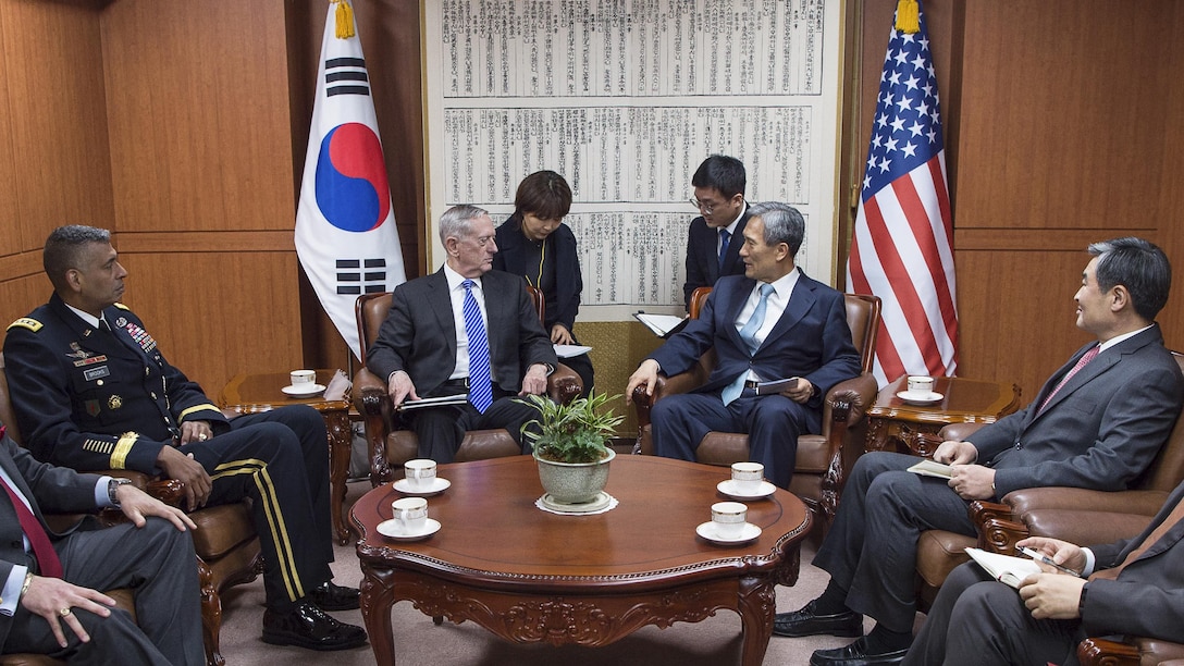 Defense Secretary Jim Mattis, center left, meets with South Korean National Security Advisor Kim Kwan-jin during a visit to Seoul, South Korea, Feb. 2, 2017. DoD photo by Army Sgt. Amber I. Smith