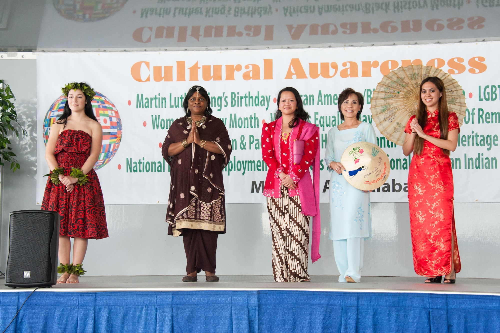 Cultural Awareness Day volunteers display traditional Asian American and Pacific Islander attire unique to their culture during the Cultural Awareness Day event, March 11, 2016, at Maxwell Air Force Base, Ala. Leaders from the 42nd Air Base Wing host the event annually to bring awareness and recognize various observances. This year’s event is set to be held Feb. 10, 2017. (U.S. Air Force photo/Melanie Rodgers Cox)