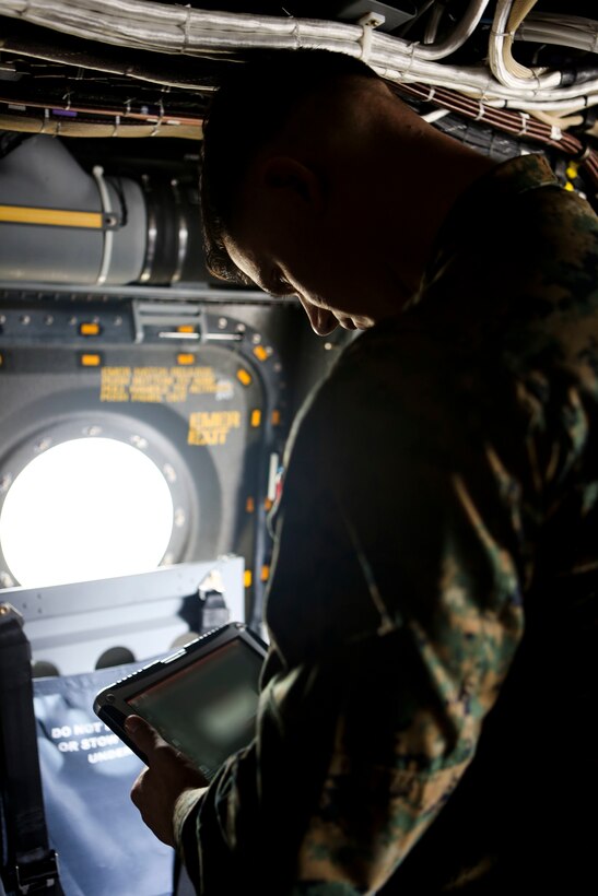 A Marine with 3rd Marine Aircraft Wing prepares the Hatch Mounted SATCOM (Satellite Communication) Antenna System (HMSAS) to demonstrate to the 3rd MAW commanding general aboard Marine Corps Air Station Miramar, Calif., Jan. 9. The HMSAS was developed for pre-deployment training in order to enhance communications for raid force and tactical recovery of aircraft and personnel (TRAP) missions, in preparation to support a Special Purpose Marine Air-Ground Task Force (SPMAGTF). (U.S. Marine Corps photo by Cpl. Harley Robinson/Released)