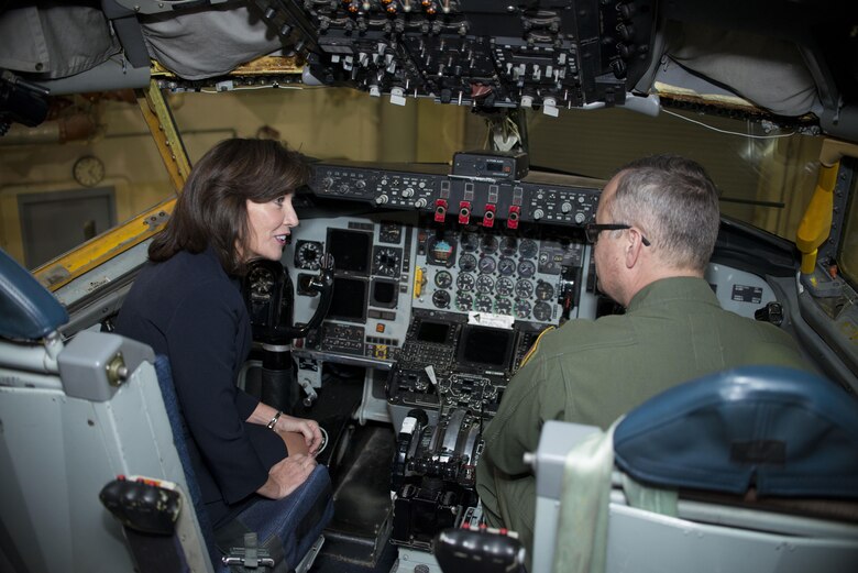 Col. Brian Bowman, Commander, 914th Airlift Wing, sits on the flight deck of the newly arrived KC-135 with Lt. Governor Kathy Hochul following its official arrival ceremony, February 2, 2017, Niagara Falls Air Reserve Station, N.Y. The arrival of the Stratotanker marks the beginning of a transition for the 914th, from an Airlift Wing to an Air Refueling Wing. (U.S. Air Force photo by Tech. Sgt. Stephanie Sawyer)