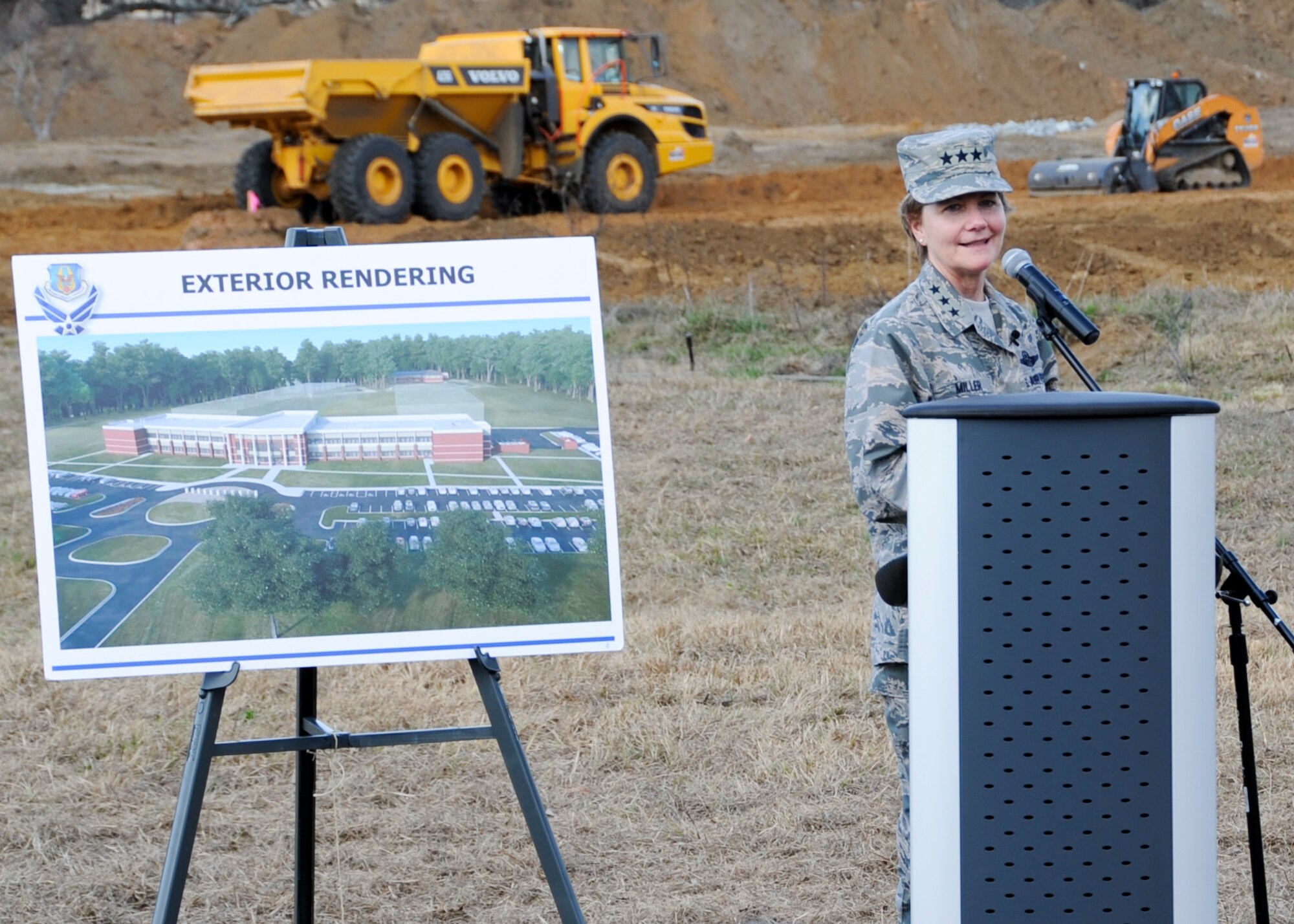 Lt. Gen. Maryanne Miller, commander of Air Force Reserve Command, makes opening remarks during a groundbreaking ceremony at Robins Air Force Base, Ga., Feb. 2, 2017. The ceremony initiated the construction of the first phase of the new AFRC headquarters complex, which will consolidate approximately 965 employees into one facility when all three phases of construction are complete. (U.S. Air Force photo by Staff Sgt. Ciara Gosier)