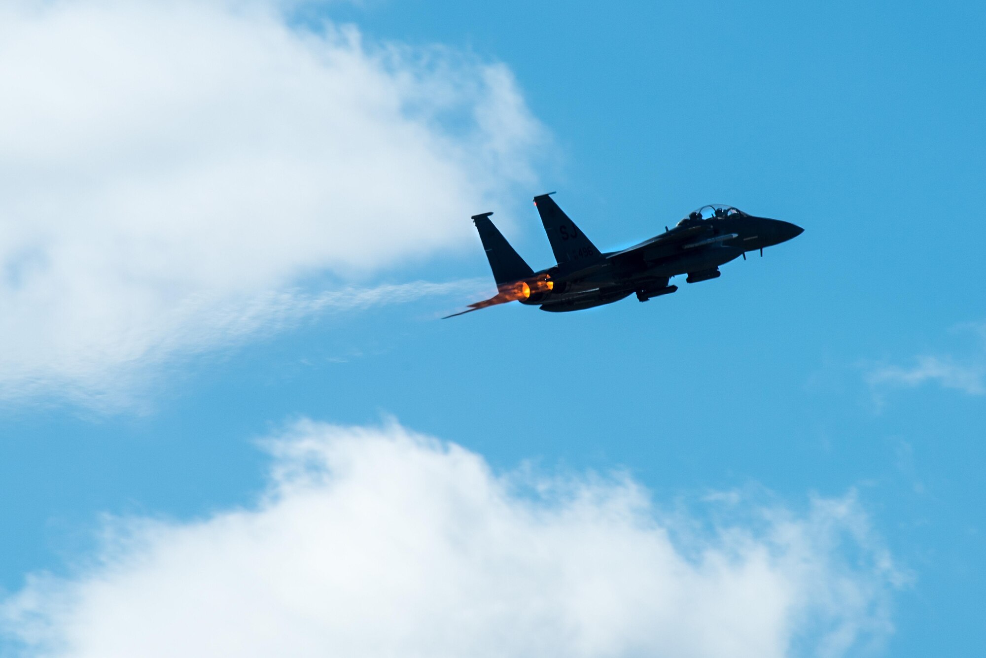 An F-15E Strike Eagle from the 335th Fighter Squadron takes off during exercise Coronet Warrior 17-01, Jan. 30, 2017, at Seymour Johnson Air Force Base, North Carolina. Multiple aircraft participated in the expeditionary exercise to sharpen their skills to support contingency operations in hostile environments overseas. (U.S. Air Force photo by Airman Shawna L. Keyes)