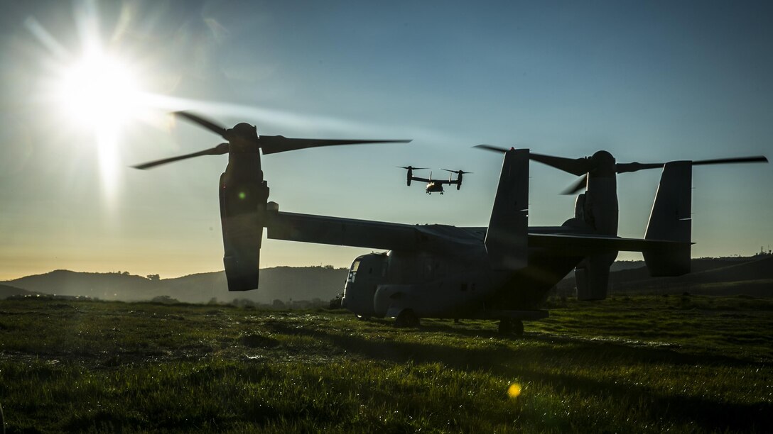 MARINE CORPS BASE CAMP PENDLETON, Calif. – MV-22 Ospreys take off after inserting Marines with the 15th Marine Expeditionary Unit's Maritime Raid Force into a landing zone during Integrated Operational Exercise at Camp Pendleton, Jan. 30, 2017. The exercise teaches the different elements of the Maritime Raid Force to work together efficiently and mold the spate elements into a seamless fighting force. (U.S. Marine Corps photo by Lance Cpl. Frank Cordoba) 