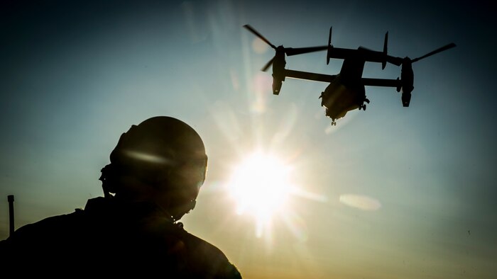 MARINE CORPS BASE CAMP PENDLETON, Calif. – An MV-22 Osprey departs a landing zone after successfully inserting Marines, aboard Camp Pendleton, Jan. 30, 2017. The MRF is specialized infantry unit that works under the MEU’s command element directly, in support of clandestine operations. The 15th MEU Marines undergo demanding unit-level training in order to be proficient and respond to any crisis when called upon. (U.S. Marine Corps photo by Lance Cpl. Frank Cordoba) 