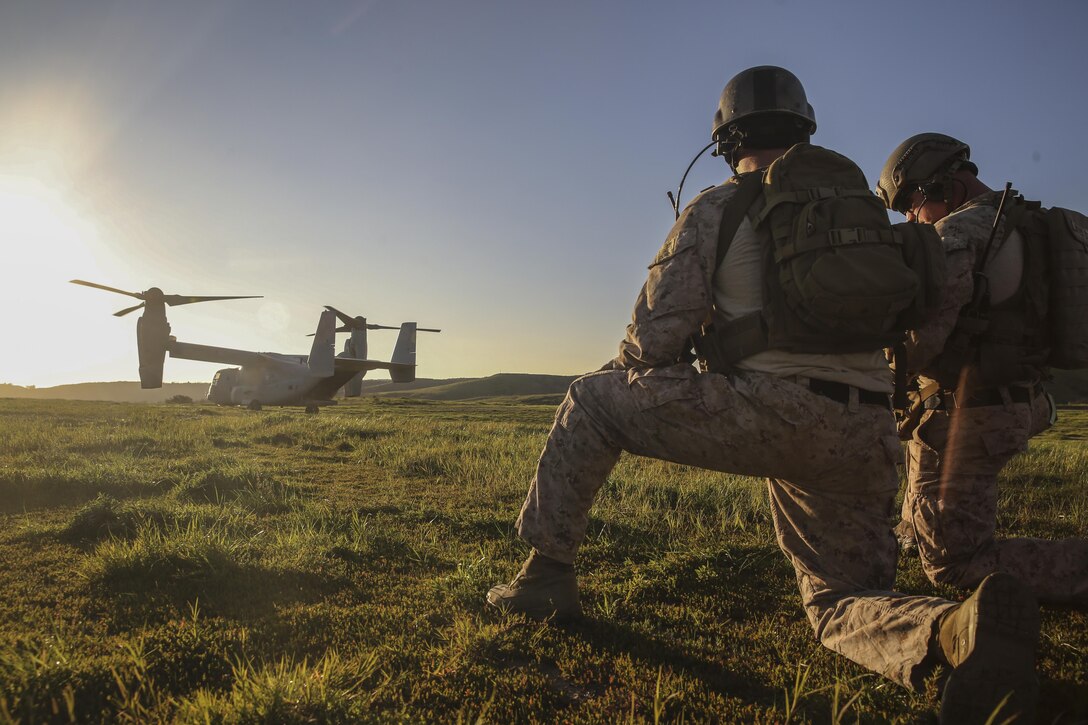 MARINE CORPS BASE CAMP PENDLETON, Calif. – The company commander and company executive officer with the 15th Marine Expeditionary Unit Maritime Raid Force link up after being inserted by an MV-22 Osprey during an Interoperability Exercise on Camp Pendleton, Jan. 30, 2017. This exercise allows Marines from 1st Battalion, 5th Marine Regiment and 1st Law Enforcement Battalion to begin the ground work for future operations with the MRF in preparation for deployment. The 15th MEU’s ability to rapidly mobilize people and equipment makes the amphibious force uniquely postured to respond to any crisis or natural disaster. (U.S. Marine Corps photo by Cpl. Timothy Valero)