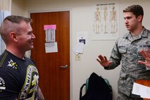 Staff Sgt. Dominic Iannapollo, 341st Medial Operations Squadron personnel reliability assurance program clinic technician, prepares a patient for an acupuncture session Jan. 30, 2017, at Malmstrom Air Force Base, Mont. 
Acupuncture has become a popular method of treatment for personnel reliability program compliant Airmen because no additional medication is required. (U.S. Air Force photo/Airman 1st Class Magen M. Reeves)
