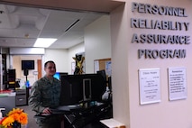 Senior Airman Casey Blakeley, 341st Medical Operation Squadron personnel reliability assurance program technician, schedules an appointment for a patient at the clinic Jan. 30, 2017, at Malmstrom Air Force Base, Mont. The PRAP clinic, along with the help of flight missile medicine, is responsible for ensuring nuclear field Airmen are medically and personally cared for as much as possible. (U.S. Air Force photo/Airman 1st Class Magen M. Reeves)