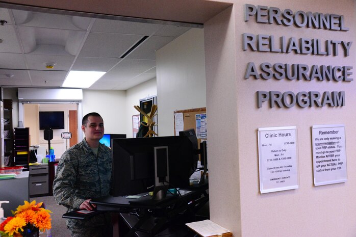Senior Airman Casey Blakeley, 341st Medical Operation Squadron personnel reliability assurance program technician, schedules an appointment for a patient at the clinic Jan. 30, 2017, at Malmstrom Air Force Base, Mont. The PRAP clinic, along with the help of flight missile medicine, is responsible for ensuring nuclear field Airmen are medically and personally cared for as much as possible. (U.S. Air Force photo/Airman 1st Class Magen M. Reeves)