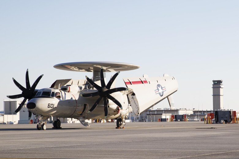 A U.S. Navy E-2D Advanced Hawkeye with Carrier Airborne Early Warning Squadron (VAW) 125, sits on display at Marine Corps Air Station Iwakuni, Japan, Feb. 2, 2017. VAW-125 arrived at MCAS Iwakuni from Naval Station Norfolk, Va. The E-2D Advanced Hawkeye is equipped with the most advanced airborne radar in the world, possessing systems which increase the capabilities to defend Japan and provide security in the Indo-Asia-Pacific region. (U.S. Marine Corps photo by Lance Cpl. Joseph Abrego)
