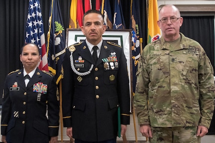 From left to right: Master Sgt. Irma Banks, 5th Armored Brigade; Army Reserve Sgt. First Class Fernando Terrazas, assigned to 2/364 Training Support Battalion, 5th Armored Brigade; and Command Sgt. Maj. Vernon Perry, Command Sergeant Major, 85th Support Command, pauses for a photo following the First Army Division West Best Warrior Competition held at Fort Bliss, Texas, Jan. 21, 2017. Terrazas will now move onto the First Army level BWC. The winner of the First Army level Best Warrior Competition will have a chance to compete in the U.S. Army’s Best Warrior Competition at Fort A.P. Hill, Virginia for the opportunity to be the Army's Best NCO and Soldier of the Year.
(U.S. Army photo by Sgt. Matthew S. Griffith/Released)