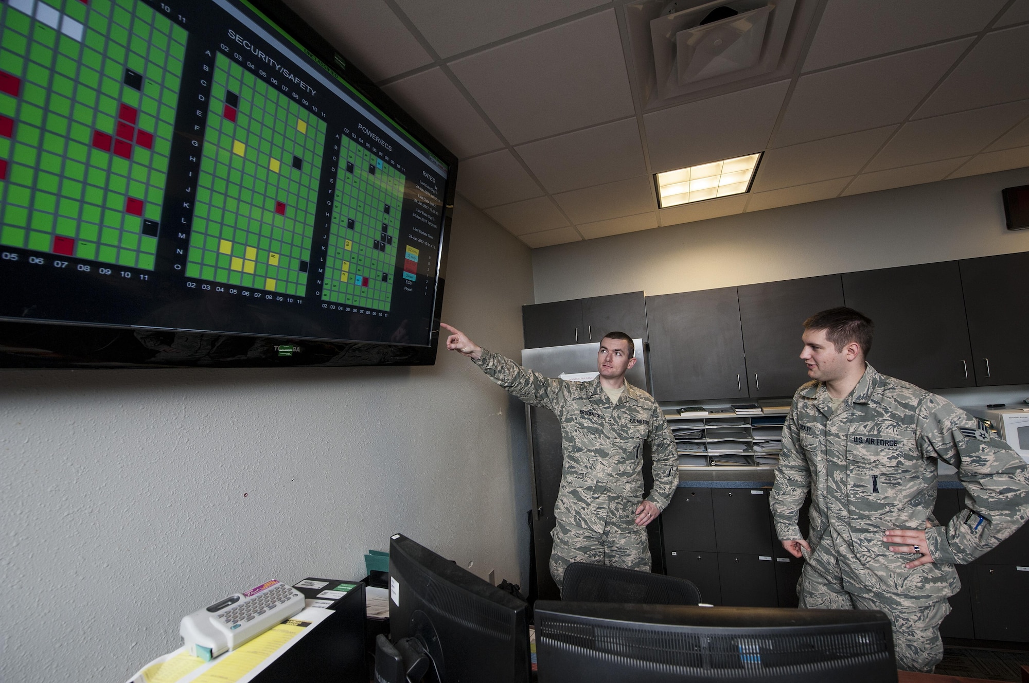 (From left) Tech Sgt. James Broderick and Senior Airman Matthew Bickley, 791st Maintenance Squadron Missile Maintenance Operations Center controllers, check a launch facility status display at Minot Air Force Base, N.D., Jan. 24, 2017. The launch facility status display gives MMOC Airmen a live feed of a missile site’s status, security, safety and power. (U.S. Air Force photo/Airman 1st Class Jonathan McElderry)