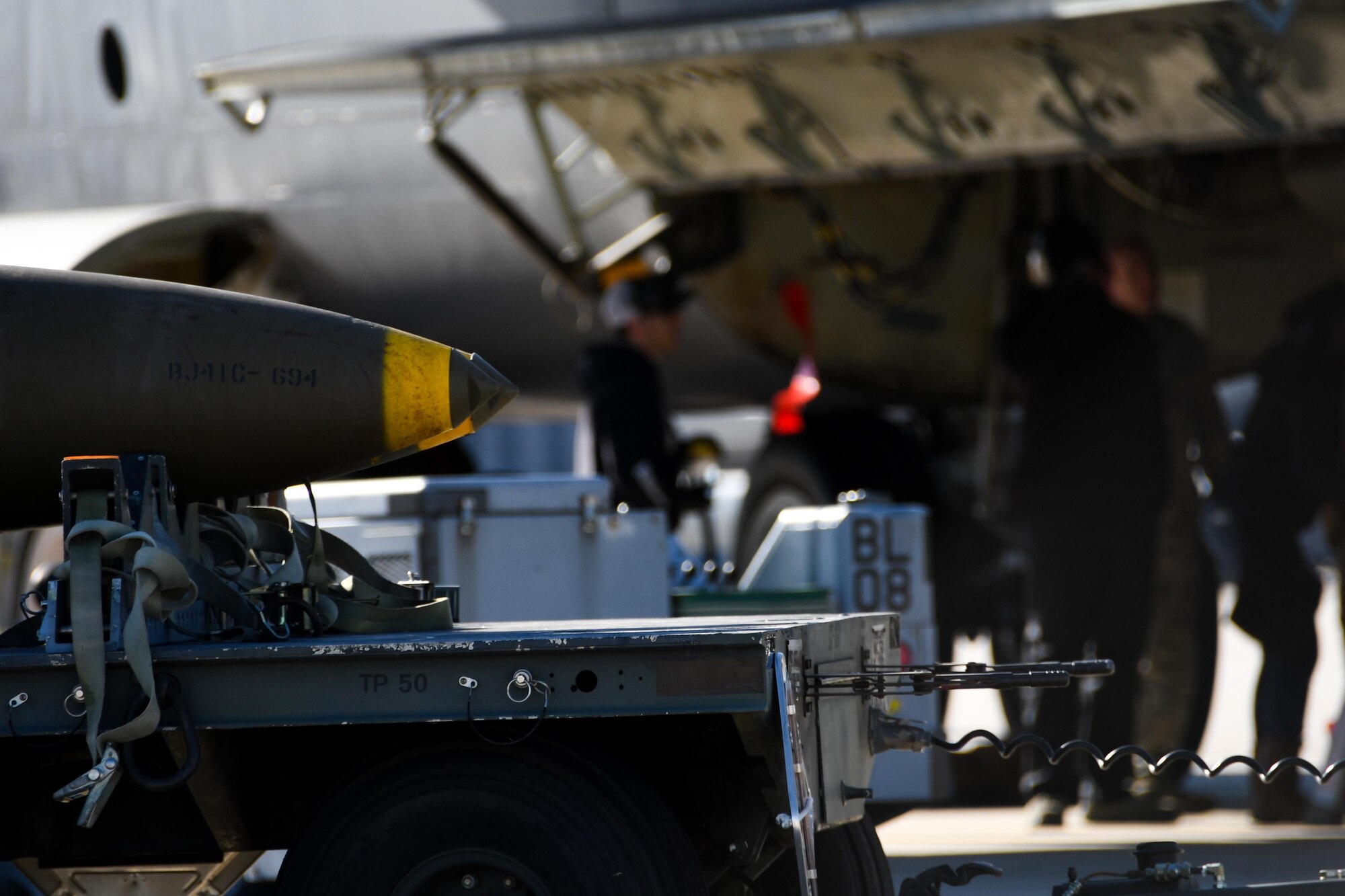 Airmen from the 307th Aircraft Maintenance Squadron inspect the bomb bay of a B-52 Stratofortress at Barksdale Air Force Base, La., Feb. 1, 2017. The B-52 was recently upgraded to use a Conventional Rotary Launcher, this weapons systems improves flexibility in applying select munitions to different targets. (U.S. Air Force photo by Tech. Sgt. Ted Daigle/released)