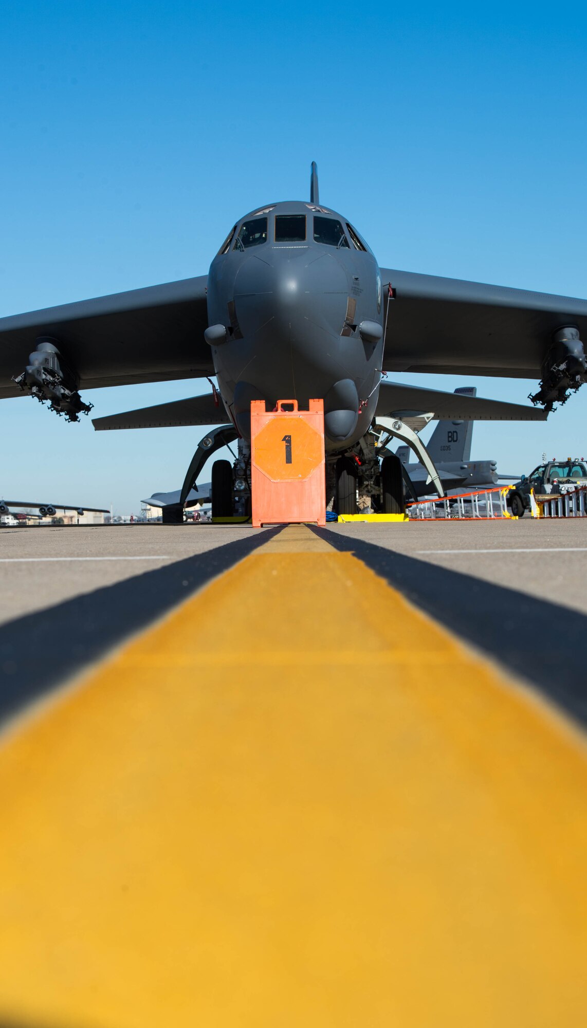 A B-52 Stratofortress awaits loading of live munitions onto its latest weapons system, the Conventional Rotary Launcher, at Barksdale Air Force Base, La., Feb. 1. 2017. The bombs loaded on the jet were part of the first live fire training mission for the CRL. The CRL can rotate through multiple types of munitions, giving B-52 crews greater flexibility in addressing targets during a mission. (U.S. Air Force photo by Staff Sgt. Jason McCasland/released)