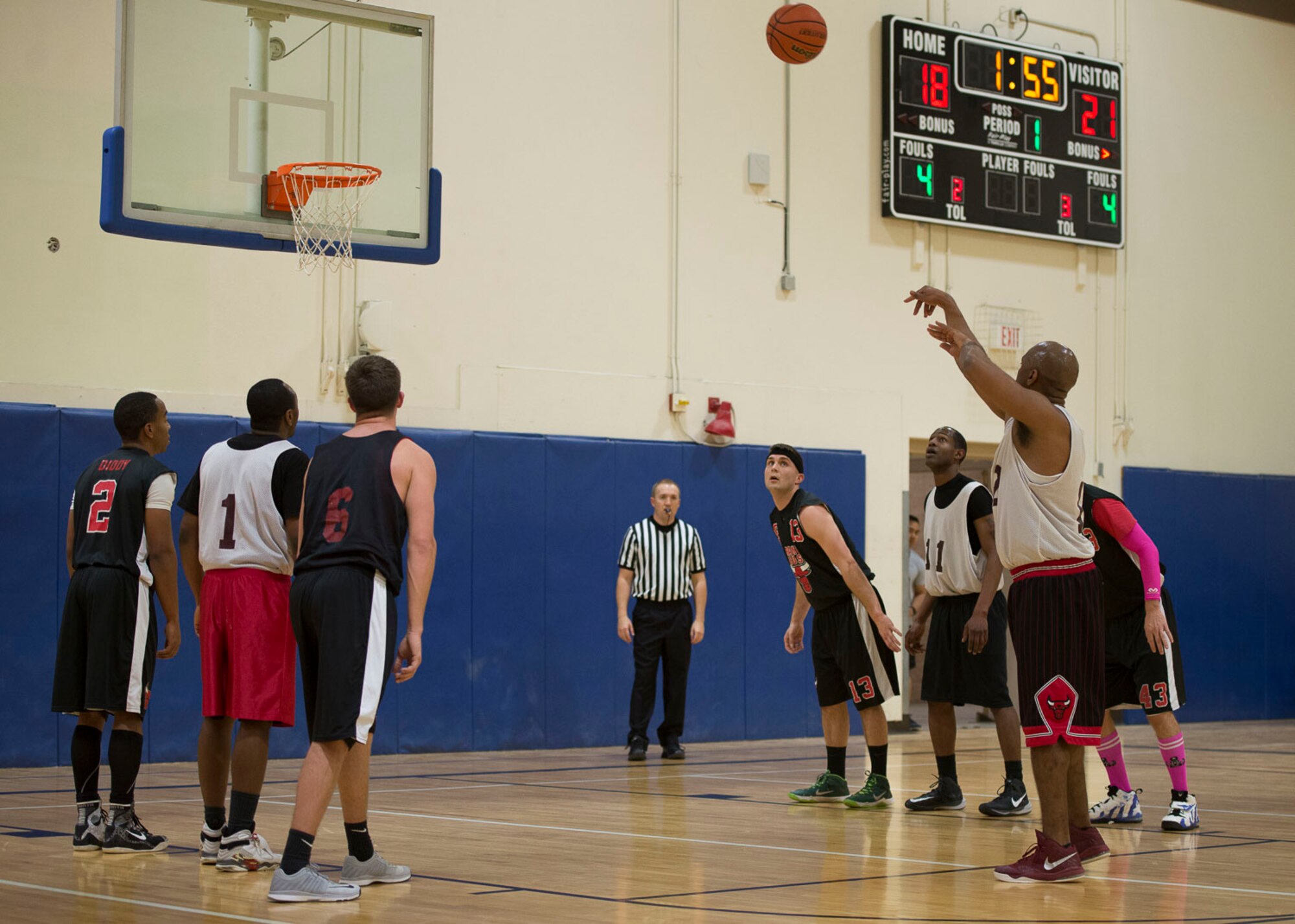 David Carter, Maintenance Group power forward, shoots a free throw during the first half of the Intramural Basketball Championship game, Jan. 30, at Mountain Home Air Force Base, Idaho. MXG beat the Civil Engineer 51-42. Carter was his team's second leading scorer with 13 points.