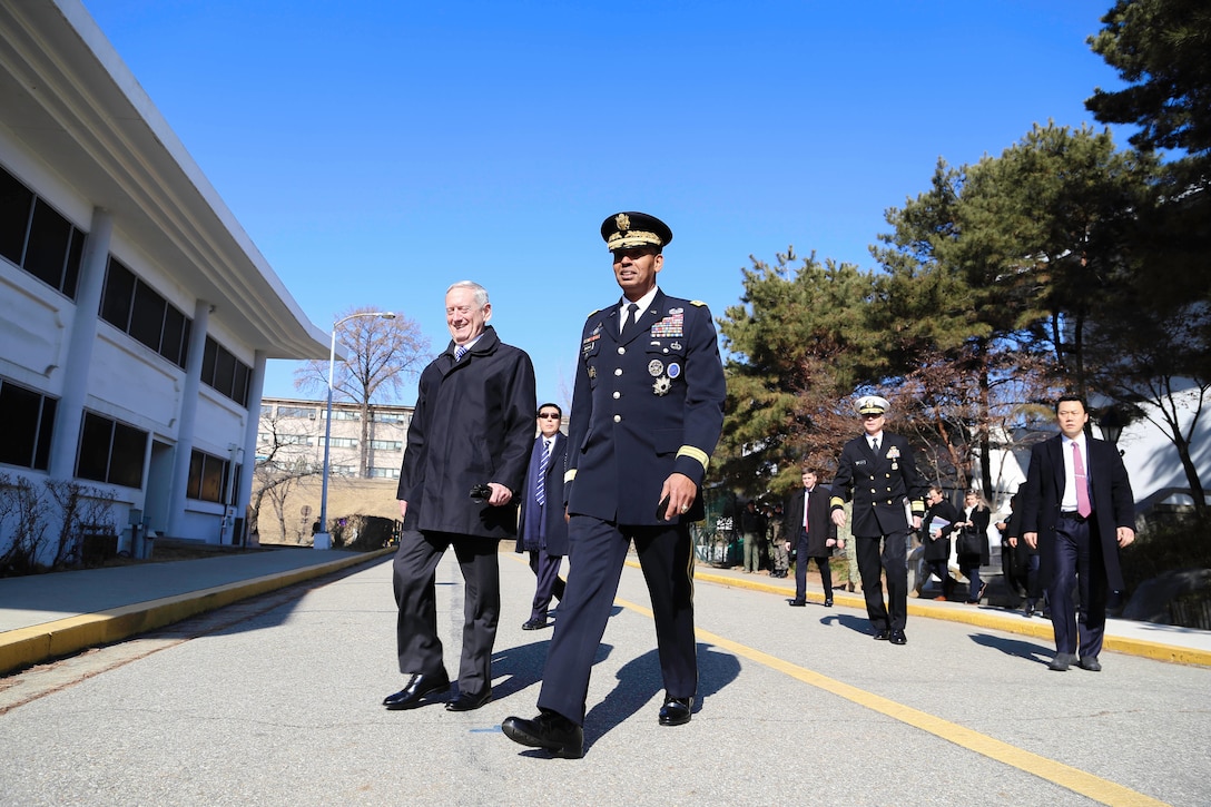 United States Forces Korea Commander, U.S. Army Gen. Vincent K. Brooks and U.S. Defense Secretary Jim Mattis make their way to U.S. Forces Korea headquarters during his first official visit to a foreign country as secretary of defense at U.S. Army Garrison Yongsan, Republic of Korea, Feb. 2, 2017. 
