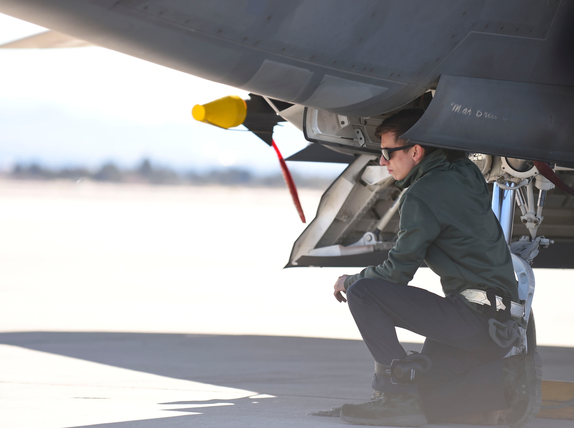 U.S. Air Force Airman 1st Class Brian Dowling, 27th Aircraft Maintenance Unit crew chief, conducts preflight checks on an F-22 Raptor during Red Flag 17-1 at Nellis Air Force Base, Nev., Jan. 26, 2017. Preflight checks are conducted to ensure aircraft are safe to fly in the large force, coalition exercise. (U.S. Air Force photo by Staff Sgt. Natasha Stannard)