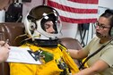 Maj. Ryan, a U-2 pilot, completes a pre-flight full pressure suit inspection before flying a historic sortie at an undisclosed location in Southwest Asia, Feb. 2, 2017. During the sortie, the aircraft completed 30,000 hours of flight. This is the second 30,000-flying-hours accomplishment overall for the U-2 fleet and the first for an expeditionary U-2 serving in Air Force Central Command. (U.S. Air Force photo/Senior Airman Tyler Woodward)