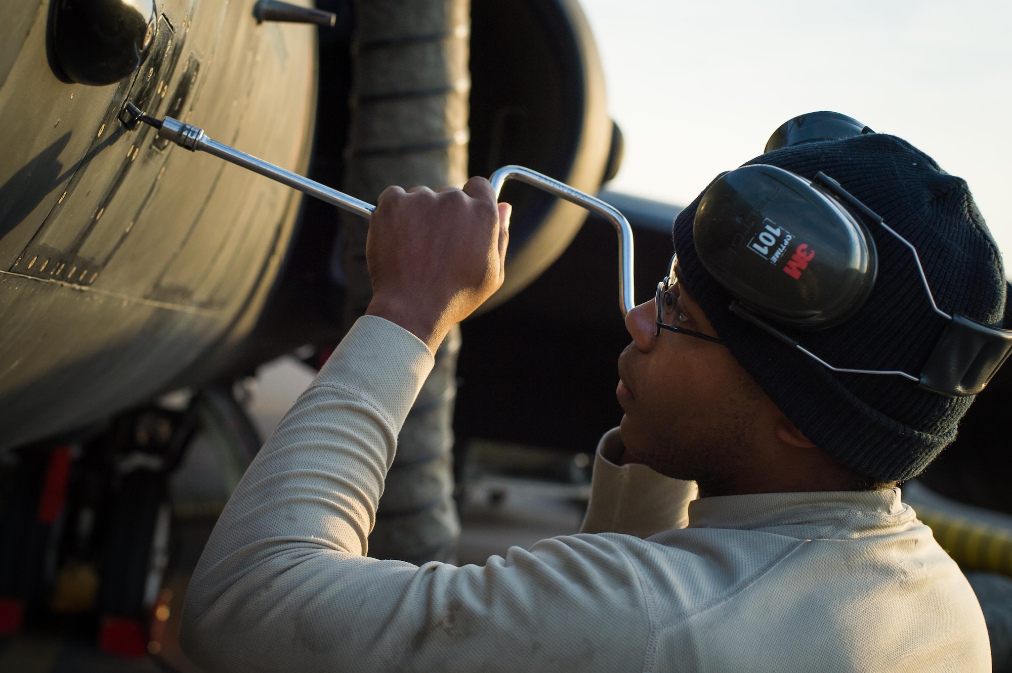 Senior Airman Anthony, 380th Expeditionary Aircraft Maintenance Squadron maintainer, completes a preflight inspection before a sortie in support of Combined Joint Task Force-Operation inherent Resolve at an undisclosed location in Southwest Asia, Feb. 2, 2017. The U-2 is providing intelligence, surveillance and reconnaissance information to Coalition partners in Air Force Central Command. (U.S. Air Force photo/Senior Airman Tyler Woodward)
