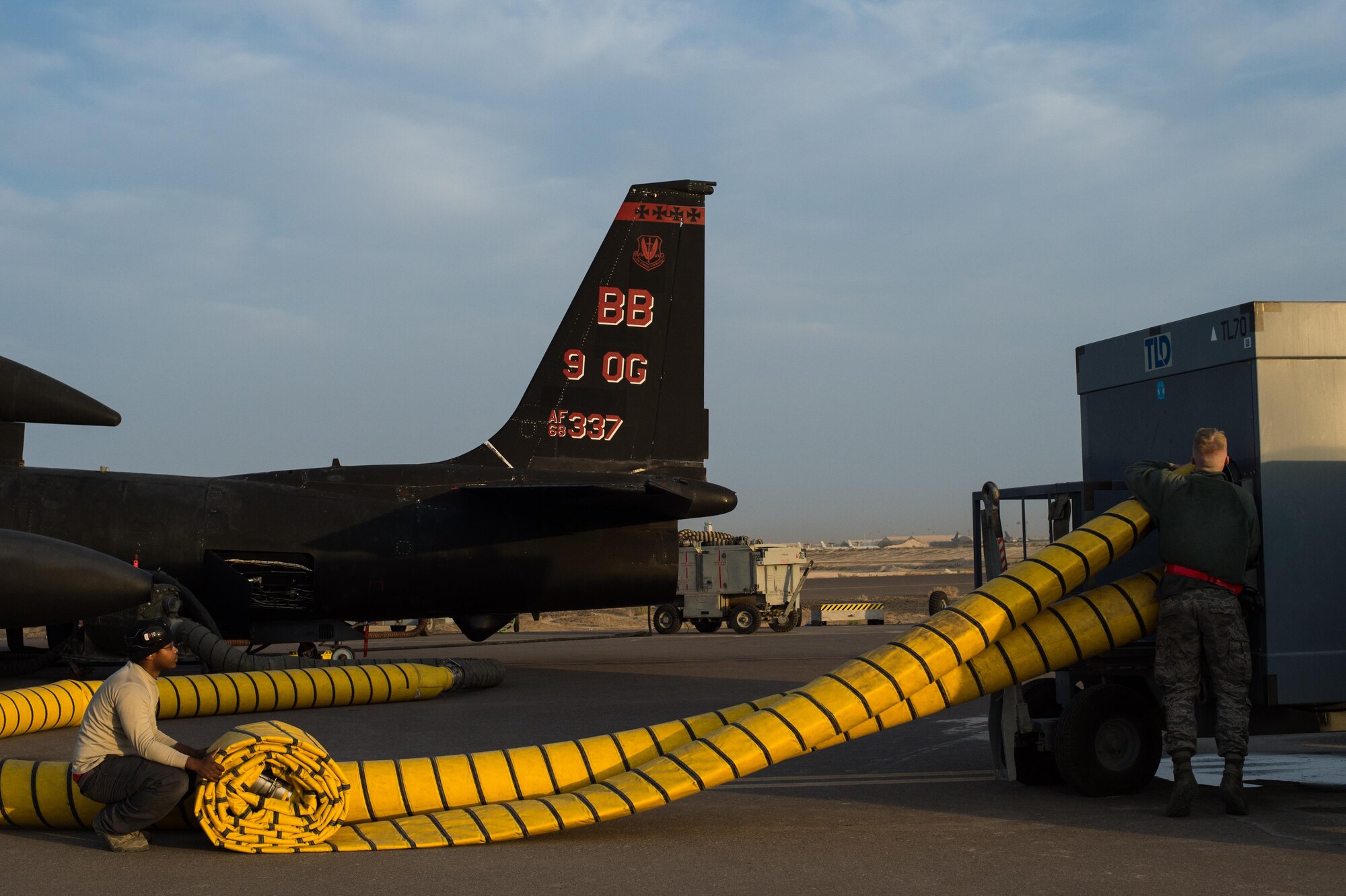 380th Expeditionary Aircraft Maintenance Squadron maintainers complete a preflight inspection before a sortie in support of Combined Joint Task Force-Operation inherent Resolve at an undisclosed location in Southwest Asia, Feb. 2, 2017. The U-2 is providing intelligence, surveillance and reconnaissance information in the fight against ISIS. (U.S. Air Force photo/Senior Airman Tyler Woodward)