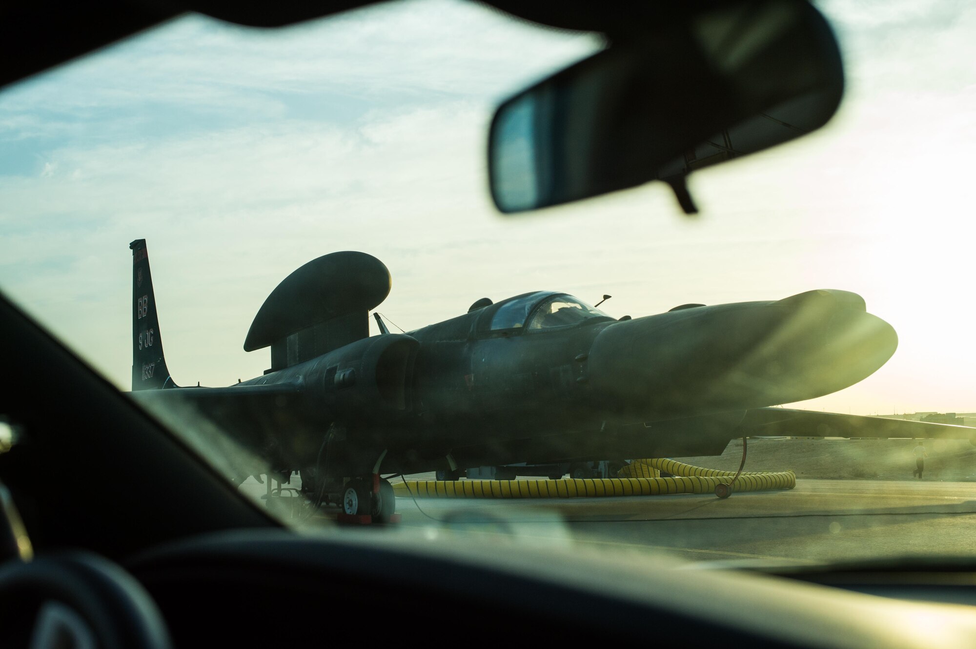 A 380th Air Expeditionary Wing U-2 prepares to depart on a sortie in support of Combined Joint Task Force- Operation Inherent Resolve at an undisclosed location in Southwest Asia, Feb. 2, 2017. During the launch process a chase car, also operated by a U-2 pilot, assists in launching and recovering the aircraft. (U.S. Air Force photo/Senior Airman Tyler Woodward)