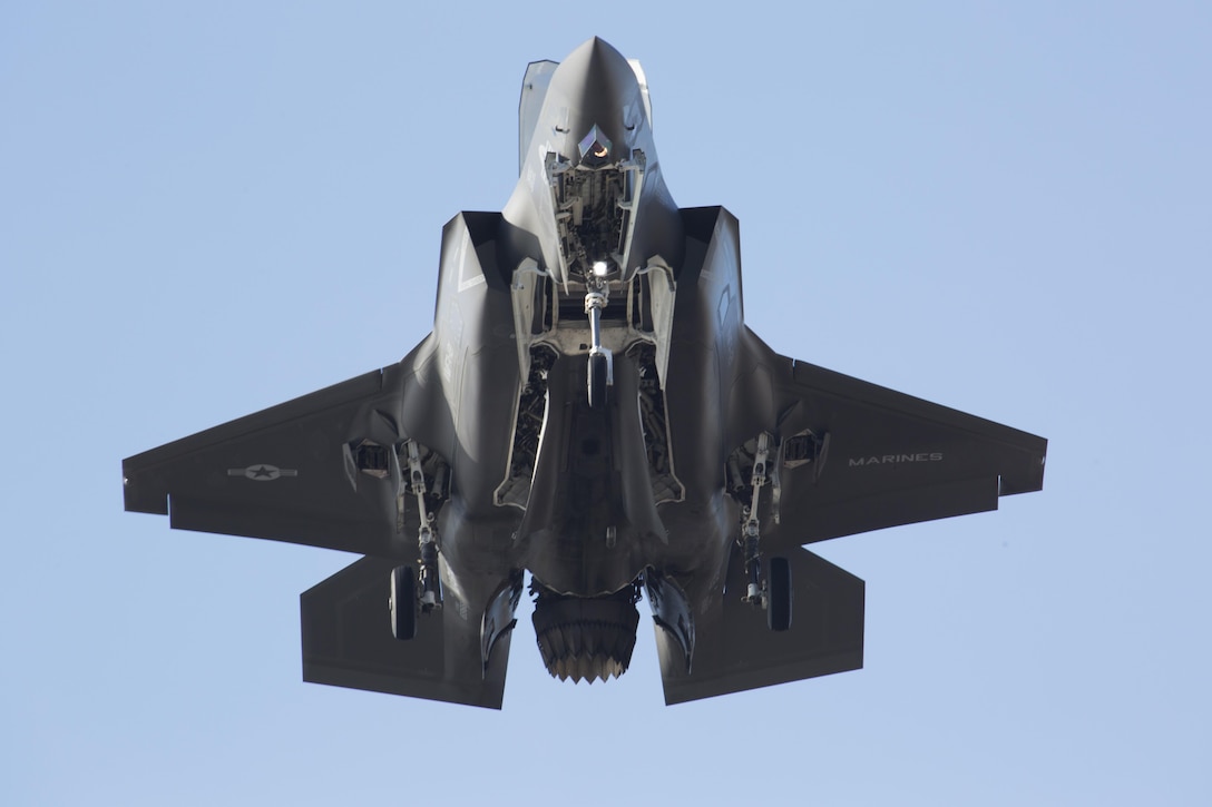 A U.S. Marine Corps F-35B Lightning II with Marine Fighter Attack Squadron 121, hovers overhead before completing a vertical landing at Marine Corps Air Station Iwakuni, Japan, Feb. 3, 2017. VMFA-121 is permanently stationed at MCAS Iwakuni and belongs to Marine Aircraft Group 12, 1st Marine Aircraft Wing, III Marine Expeditionary Force. The F-35B Lightning II is a fifth-generation fighter, which is the world’s first operational supersonic short takeoff and vertical landing aircraft. The F-35B brings strategic agility, operational flexibility and tactical supremacy to III MEF with a mission radius greater than that of the F/A-18 Hornet and AV-8B Harrier II in support of the U.S. – Japan alliance.